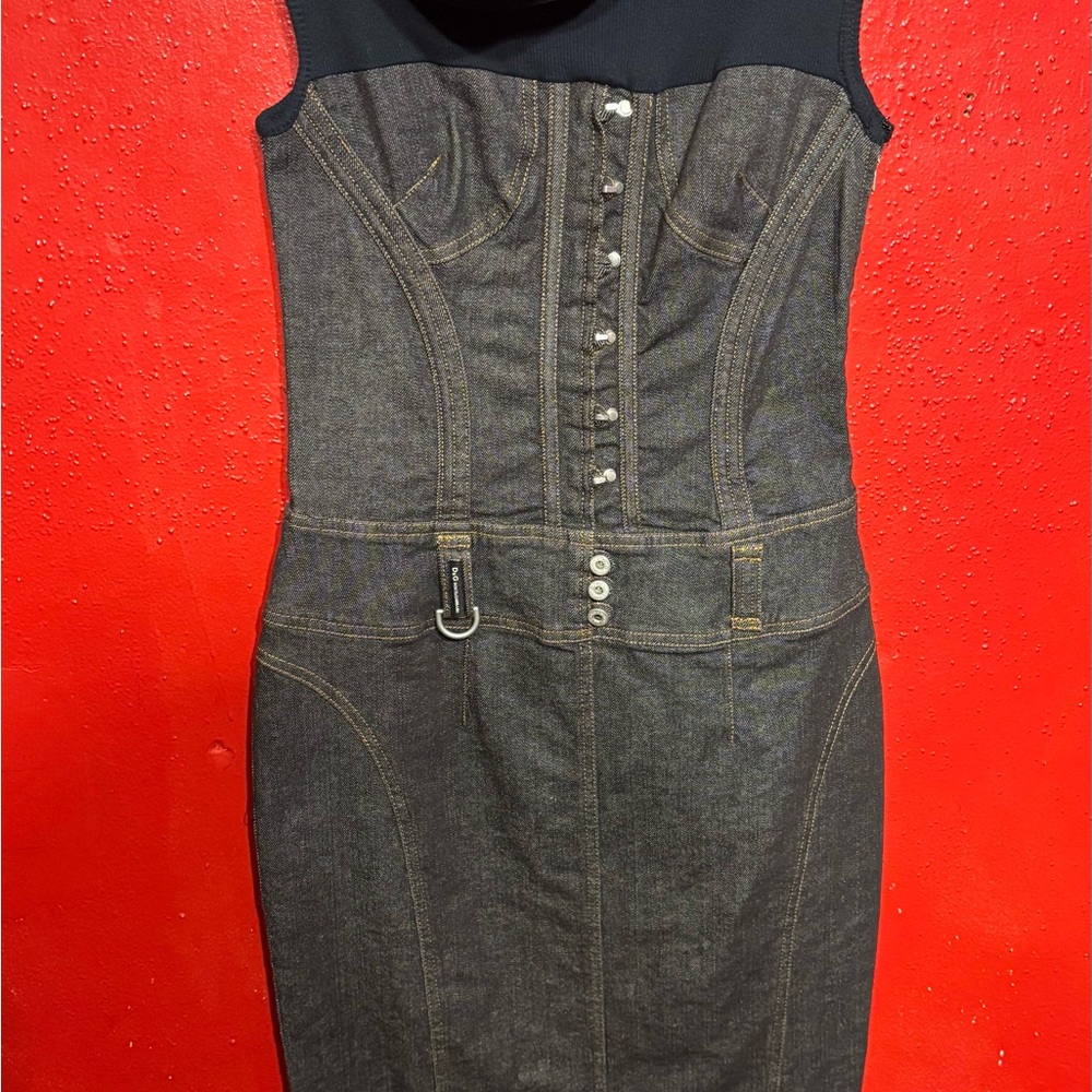 Y2K Vintage DOLCE & GABBANA Denim Corset Dress Cowl-Off-Shoulder Midi IT 28/42